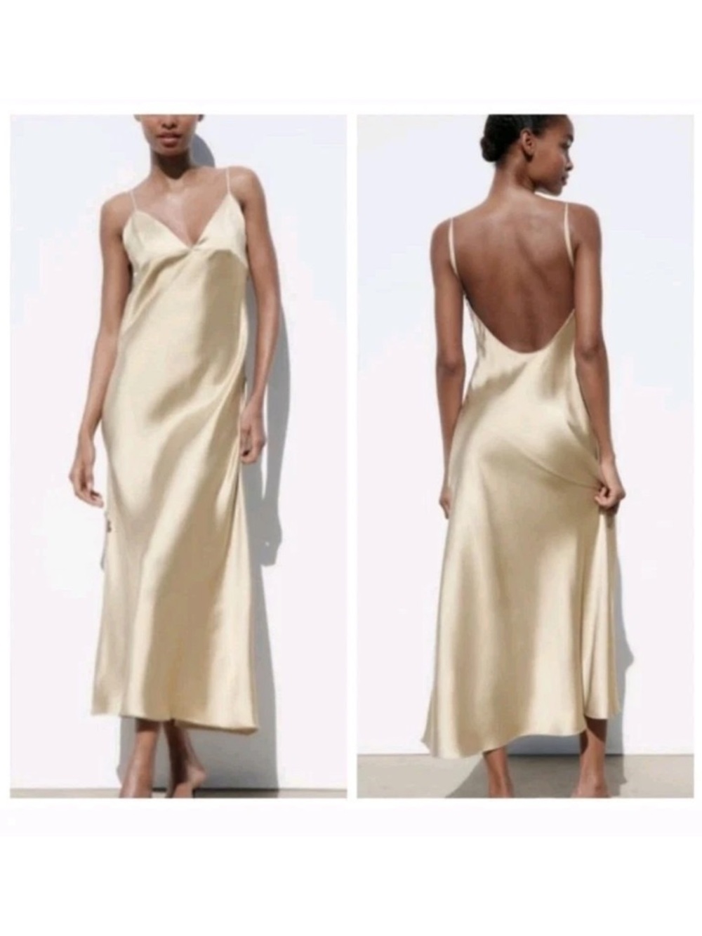 Zara Midi Satin Camisole Slip Dress Gold Womens